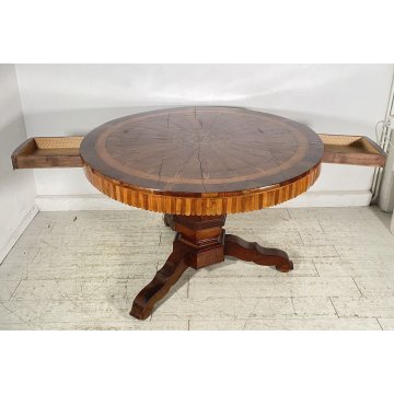 ANTICO TAVOLO ROTONDO 1700 LEGNO NOCE INTARSIATO 2 CASSETTI CARLO X RONDE TABLE