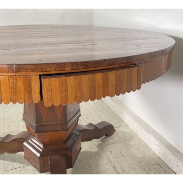 ANTICO TAVOLO ROTONDO 1700 LEGNO NOCE INTARSIATO 2 CASSETTI CARLO X RONDE TABLE