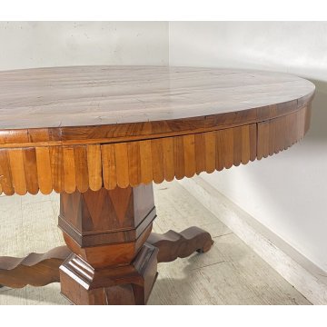 ANTICO TAVOLO ROTONDO 1700 LEGNO NOCE INTARSIATO 2 CASSETTI CARLO X RONDE TABLE