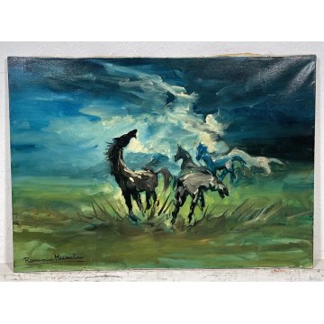 QUADRO DIPINTO OLIO TELA " Romano Mussolini " TEMPESTA "CAVALLI NELLA PRADERA"