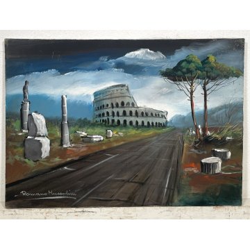 QUADRO DIPINTO OLIO TELA " Romano Mussolini " COLOSSEO ROMA ASTRATTO VEDUTA 1970