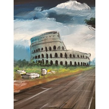 QUADRO DIPINTO OLIO TELA " Romano Mussolini " COLOSSEO ROMA ASTRATTO VEDUTA 1970