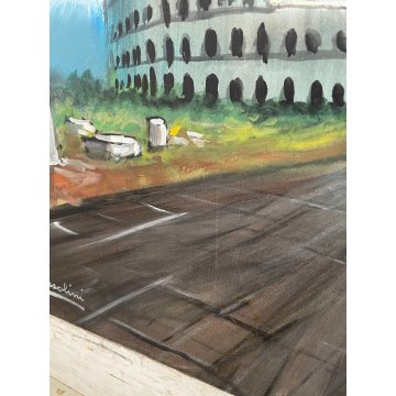 QUADRO DIPINTO OLIO TELA " Romano Mussolini " COLOSSEO ROMA ASTRATTO VEDUTA 1970