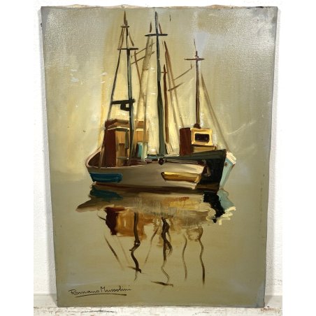 QUADRO DIPINTO OLIO TELA " Romano Mussolini " BARCONI BARCA MARE PESCHERECCIO