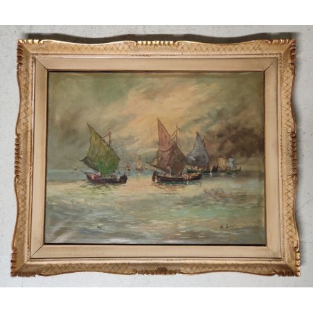 ANTICO QUADRO olio tela DIPINTO Paolo Sori MARINA PESCATORI golfo BARCHE A VELA