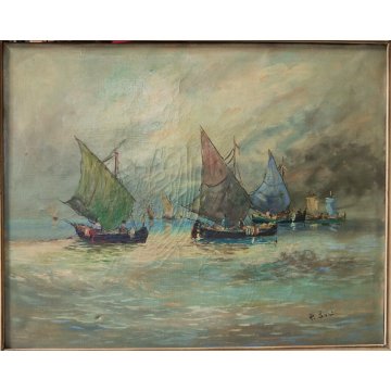 ANTICO QUADRO olio tela DIPINTO Paolo Sori MARINA PESCATORI golfo BARCHE A VELA