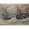 ANTICO QUADRO olio tela DIPINTO Paolo Sori MARINA PESCATORI golfo BARCHE A VELA