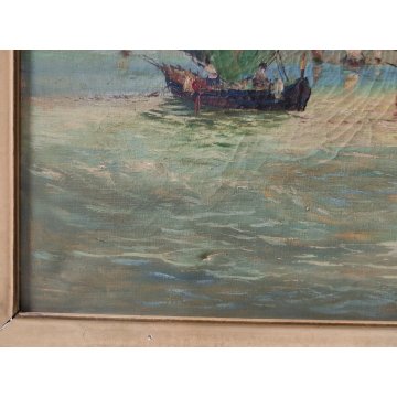 ANTICO QUADRO olio tela DIPINTO Paolo Sori MARINA PESCATORI golfo BARCHE A VELA