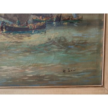 ANTICO QUADRO olio tela DIPINTO Paolo Sori MARINA PESCATORI golfo BARCHE A VELA