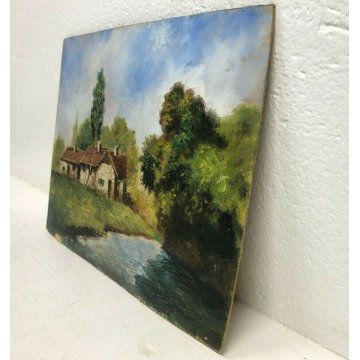ANTICO DIPINTO OLIO TAVOLA F. Mancini PAESAGGIO CAMPAGNA COTTAGE RUSCELLO '900