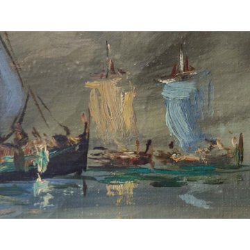 ANTICO QUADRO olio tela DIPINTO Paolo Sori MARINA PESCATORI golfo BARCHE A VELA