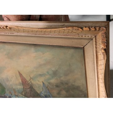 ANTICO QUADRO olio tela DIPINTO Paolo Sori MARINA PESCATORI golfo BARCHE A VELA