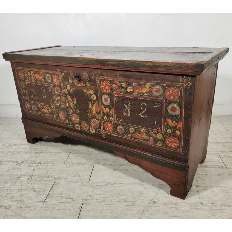 ANTICA CASSAPANCA delle Valli DIPINTA fiori 1882 LEGNO ABETE MASSELLO PANCA