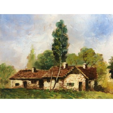 ANTICO DIPINTO OLIO TAVOLA F. Mancini PAESAGGIO CAMPAGNA COTTAGE RUSCELLO '900