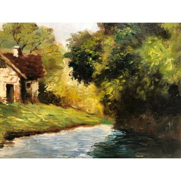 ANTICO DIPINTO OLIO TAVOLA F. Mancini PAESAGGIO CAMPAGNA COTTAGE RUSCELLO '900