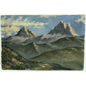 ANTICO DIPINTO OLIO TAVOLA PAESAGGIO ALPINO MONTAGNA PRATI TRAMONTO VETTE NEVE