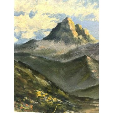 ANTICO DIPINTO OLIO TAVOLA PAESAGGIO ALPINO MONTAGNA PRATI TRAMONTO VETTE NEVE