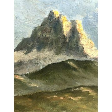 ANTICO DIPINTO OLIO TAVOLA PAESAGGIO ALPINO MONTAGNA PRATI TRAMONTO VETTE NEVE