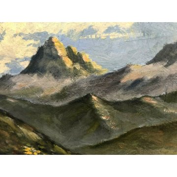 ANTICO DIPINTO OLIO TAVOLA PAESAGGIO ALPINO MONTAGNA PRATI TRAMONTO VETTE NEVE