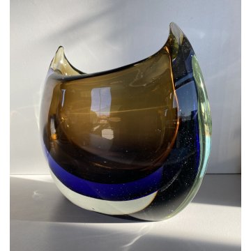 GRANDE VASO VETRO Murano Cenedese CRISTALLO SOMMERSO TRANSPARENT BLUE BROWN 1960