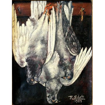 QUADRO DIPINTO OLIO TELA R. Silva NATURA MORTA CACCIAGIONE CACCIA UCCELLI 1923 