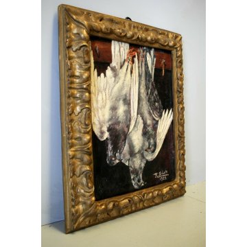 QUADRO DIPINTO OLIO TELA R. Silva NATURA MORTA CACCIAGIONE CACCIA UCCELLI 1923 