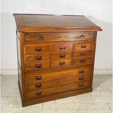 ANTICO MOBILE BANCONE CASSETTIERA UFFICIO CREDENZA 13 CASSETTI RIBALTA NOCE 1800