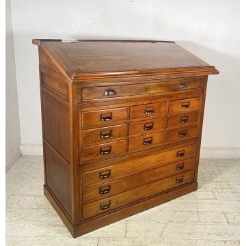 ANTICO MOBILE BANCONE CASSETTIERA UFFICIO CREDENZA 13 CASSETTI RIBALTA NOCE 1800