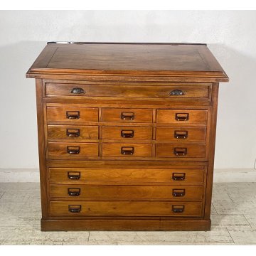 ANTICO MOBILE BANCONE CASSETTIERA UFFICIO CREDENZA 13 CASSETTI RIBALTA NOCE 1800