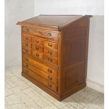 ANTICO MOBILE BANCONE CASSETTIERA UFFICIO CREDENZA 13 CASSETTI RIBALTA NOCE 1800