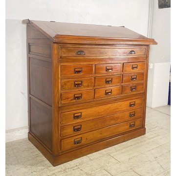 ANTICO MOBILE BANCONE CASSETTIERA UFFICIO CREDENZA 13 CASSETTI RIBALTA NOCE 1800