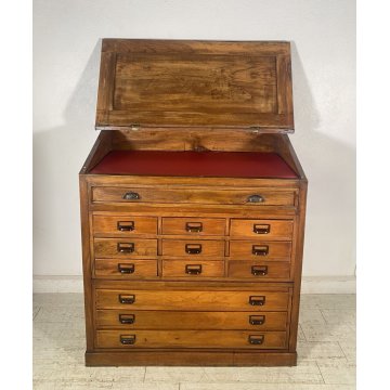 ANTICO MOBILE BANCONE CASSETTIERA UFFICIO CREDENZA 13 CASSETTI RIBALTA NOCE 1800