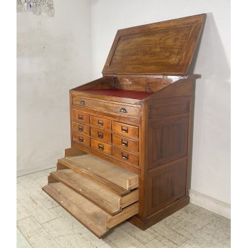 ANTICO MOBILE BANCONE CASSETTIERA UFFICIO CREDENZA 13 CASSETTI RIBALTA NOCE 1800