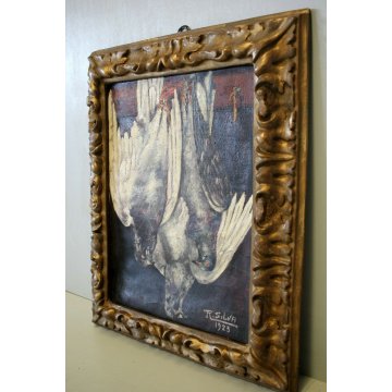 QUADRO DIPINTO OLIO TELA R. Silva NATURA MORTA CACCIAGIONE CACCIA UCCELLI 1923 