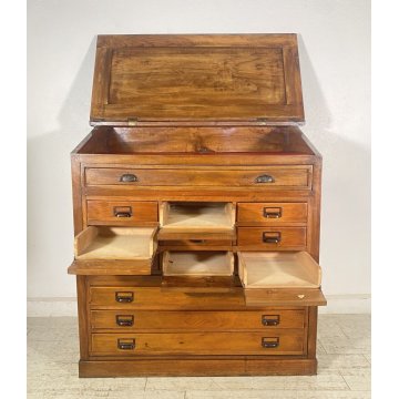 ANTICO MOBILE BANCONE CASSETTIERA UFFICIO CREDENZA 13 CASSETTI RIBALTA NOCE 1800