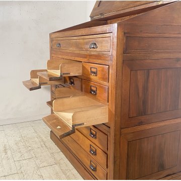 ANTICO MOBILE BANCONE CASSETTIERA UFFICIO CREDENZA 13 CASSETTI RIBALTA NOCE 1800