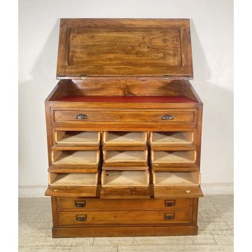 ANTICO MOBILE BANCONE CASSETTIERA UFFICIO CREDENZA 13 CASSETTI RIBALTA NOCE 1800