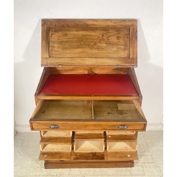 ANTICO MOBILE BANCONE CASSETTIERA UFFICIO CREDENZA 13 CASSETTI RIBALTA NOCE 1800