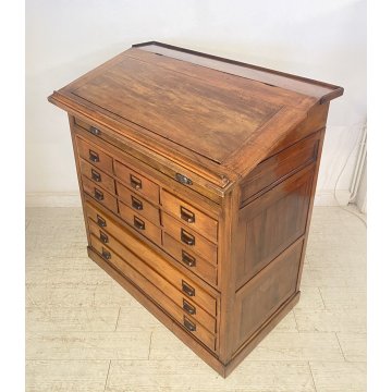 ANTICO MOBILE BANCONE CASSETTIERA UFFICIO CREDENZA 13 CASSETTI RIBALTA NOCE 1800