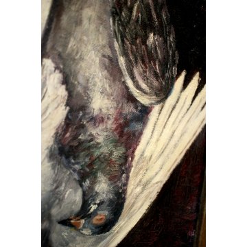 QUADRO DIPINTO OLIO TELA R. Silva NATURA MORTA CACCIAGIONE CACCIA UCCELLI 1923 