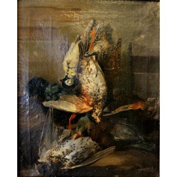 QUADRO DIPINTO OLIO TELA NATURA MORTA CACCIAGIONE CACCIA VOLATILI PRIMO '900