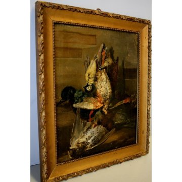 QUADRO DIPINTO OLIO TELA NATURA MORTA CACCIAGIONE CACCIA VOLATILI PRIMO '900