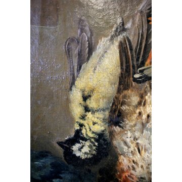 QUADRO DIPINTO OLIO TELA NATURA MORTA CACCIAGIONE CACCIA VOLATILI PRIMO '900