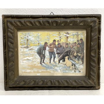 QUADRO DIPINTO ACQUARELLO SCENA CANE CACCIA ZANNA BIANCA JACK LONDON LUPO