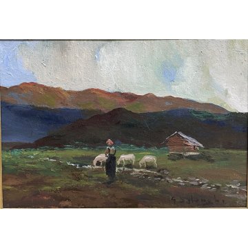 QUADRO DIPINTO OLIO TAVOLA trittico "Giuseppe Solenghi" contadine MONTAGNA BAITA