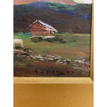 QUADRO DIPINTO OLIO TAVOLA trittico "Giuseppe Solenghi" contadine MONTAGNA BAITA