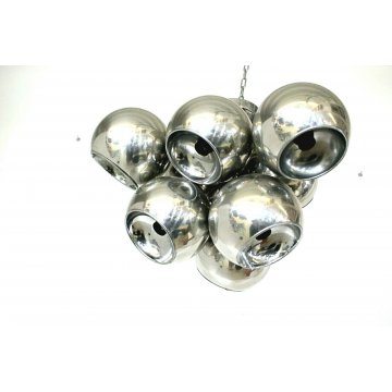LAMPADARIO PLAFONIERA DESIGN LAMP 9 SFERE GLOBI BOCCE METALLO CROMATO ANNI 60