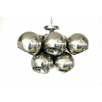 LAMPADARIO PLAFONIERA DESIGN LAMP 9 SFERE GLOBI BOCCE METALLO CROMATO ANNI 60