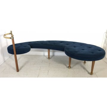 DIVANO PANCA LEGNO OTTONE DIVANETTO DESIGN LOUNGE SEATING BENCH VELVET BLU 1980