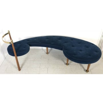DIVANO PANCA LEGNO OTTONE DIVANETTO DESIGN LOUNGE SEATING BENCH VELVET BLU 1980